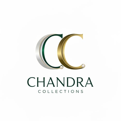 AI Design for Letterform for a jewelry business named "CC Chandra Collections": Abstract flowing lines forming the letters CC, evoking elegance and fluidity, Emerald green, deep gold, and subtle pearl white, A sophisticated, serif font for "Chandra Collections", influenced by Art Deco and modern luxury, delicate metallic sheen on the CC monogram, a clean white background little morden designs