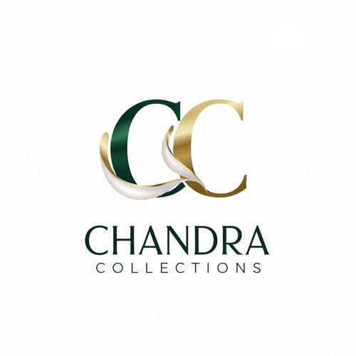 AI Design for Letterform for a jewelry business named "CC Chandra Collections": Abstract flowing lines forming the letters CC, evoking elegance and fluidity, Emerald green, deep gold, and subtle pearl white, A sophisticated, serif font for "Chandra Collections", influenced by Art Deco and modern luxury, delicate metallic sheen on the CC monogram, a clean white background