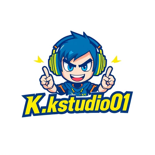AI Design for Character for a gaming YouTuber named "K.kstudio01": A stylized, energetic cartoon character with headphones and a determined expression, representing fun and gaming, Blue and electric yellow, Bold and modern sans-serif font, Gaming and anime influence, a dynamic pose with gaming controllers and glowing accents, plain background