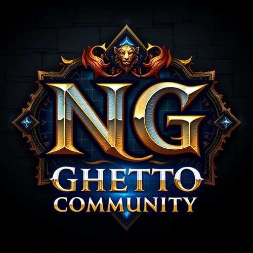 AI Design for Create a powerful fantasy-style logo featuring the large letters 'NG' as the main symbol, with the words 'Ghetto Community' written below. Design it for a World of Warcraft Alliance guild, blending noble Alliance aesthetics with gritty urban street style. Use a bold, medieval Gothic or graffiti-inspired font. Incorporate Alliance elements like a lion emblem, glowing blue runes, royal banners, or gold trimming. The background should have a stone or brick texture, with blue and gold lighting accents. The logo should feel heroic, powerful, and slightly rebellious — a fusion of royal fantasy and ghetto street energy. 'NG' should stand out as a bold, iconic emblem.