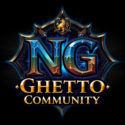 AI Design for Create a powerful fantasy-style logo featuring the large letters 'NG' as the main symbol, with the words 'Ghetto Community' written below. Design it for a World of Warcraft Alliance guild, blending noble Alliance aesthetics with gritty urban street style. Use a bold, medieval Gothic or graffiti-inspired font. Incorporate Alliance elements like a lion emblem, glowing blue runes, royal banners, or gold trimming. The background should have a stone or brick texture, with blue and gold lighting accents. The logo should feel heroic, powerful, and slightly rebellious — a fusion of royal fantasy and ghetto street energy. 'NG' should stand out as a bold, iconic emblem.