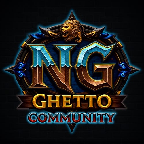 AI Design for Create a powerful fantasy-style logo featuring the large letters 'NG' as the main symbol, with the words 'Ghetto Community' written below. Design it for a World of Warcraft Alliance guild, blending noble Alliance aesthetics with gritty urban street style. Use a bold, medieval Gothic or graffiti-inspired font. Incorporate Alliance elements like a lion emblem, glowing blue runes, royal banners, or gold trimming. The background should have a stone or brick texture, with blue and gold lighting accents. The logo should feel heroic, powerful, and slightly rebellious — a fusion of royal fantasy and ghetto street energy. 'NG' should stand out as a bold, iconic emblem.
