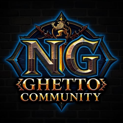 AI Design for Create a powerful fantasy-style logo featuring the large letters 'NG' as the main symbol, with the words 'Ghetto Community' written below. Design it for a World of Warcraft Alliance guild, blending noble Alliance aesthetics with gritty urban street style. Use a bold, medieval Gothic or graffiti-inspired font. Incorporate Alliance elements like a lion emblem, glowing blue runes, royal banners, or gold trimming. The background should have a stone or brick texture, with blue and gold lighting accents. The logo should feel heroic, powerful, and slightly rebellious — a fusion of royal fantasy and ghetto street energy. 'NG' should stand out as a bold, iconic emblem.