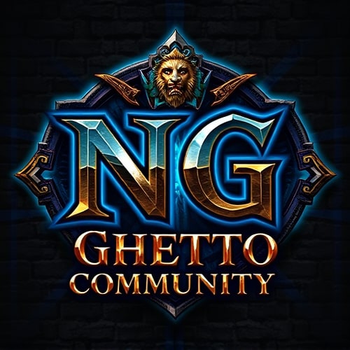 AI Design for Create a powerful fantasy-style logo featuring the large letters 'NG' as the main symbol, with the words 'Ghetto Community' written below. Design it for a World of Warcraft Alliance guild, blending noble Alliance aesthetics with gritty urban street style. Use a bold, medieval Gothic or graffiti-inspired font. Incorporate Alliance elements like a lion emblem, glowing blue runes, royal banners, or gold trimming. The background should have a stone or brick texture, with blue and gold lighting accents. The logo should feel heroic, powerful, and slightly rebellious — a fusion of royal fantasy and ghetto street energy. 'NG' should stand out as a bold, iconic emblem.