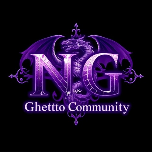 AI Design for Create a fantasy-style logo inspired by World of Warcraft. The main text should be "NG", large and dominant, in a medieval or fantasy-style font. Below it, in a smaller but readable fantasy font, add the text "Ghetto Community". Use a purple and white color scheme, with glowing or enchanted effects. In the background, include a powerful dragon, designed in a mystical or epic fantasy style — similar to the dragons in World of Warcraft. The overall design should feel magical, dark-fantasy, and high-detail, with elements like glowing runes, magical aura, or enchanted textures. Dark or mystical background preferred to enhance contrast.