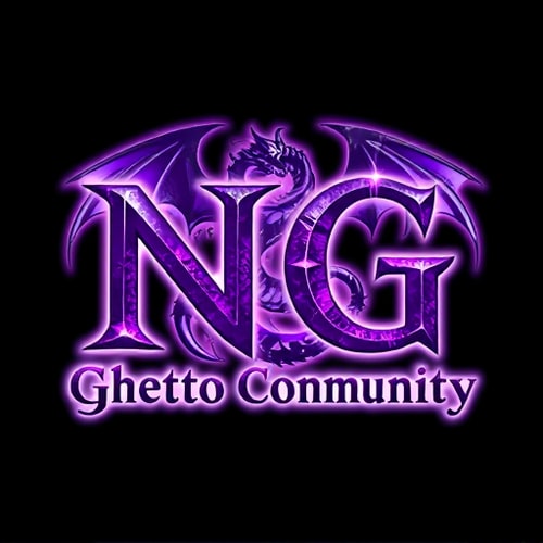 AI Design for Create a fantasy-style logo inspired by World of Warcraft. The main text should be "NG", large and dominant, in a medieval or fantasy-style font. Below it, in a smaller but readable fantasy font, add the text "Ghetto Community". Use a purple and white color scheme, with glowing or enchanted effects. In the background, include a powerful dragon, designed in a mystical or epic fantasy style — similar to the dragons in World of Warcraft. The overall design should feel magical, dark-fantasy, and high-detail, with elements like glowing runes, magical aura, or enchanted textures. Dark or mystical background preferred to enhance contrast.
