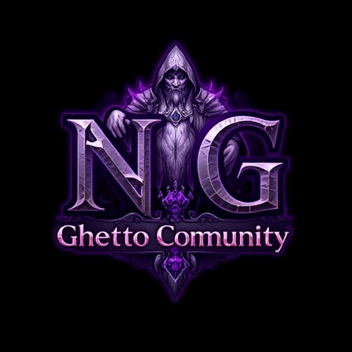 AI Design for Create a fantasy-style logo inspired by World of Warcraft with a shaman. The main text should be "NG", large and dominant, in a medieval or fantasy-style font. Below it, in a smaller but still readable font, add the text "Ghetto Community". Use a color scheme of purple and white, with mystical, glowing, or enchanted elements. The design should have a high-fantasy feel, with textures like stone, magic runes, or enchanted metal. Background can be dark or mystical to enhance the fantasy look.