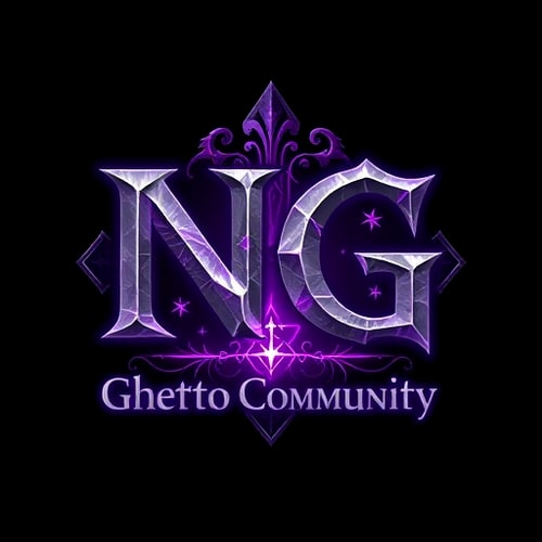 AI Design for Create a fantasy-style logo inspired by World of Warcraft. The main text should be "NG", large and dominant, in a medieval or fantasy-style font. Below it, in a smaller but still readable font, add the text "Ghetto Community". Use a color scheme of purple and white, with mystical, glowing, or enchanted elements. The design should have a high-fantasy feel, with textures like stone, magic runes, or enchanted metal. Background can be dark or mystical to enhance the fantasy look.