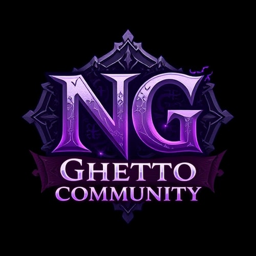 AI Design for Create a fantasy-style logo inspired by World of Warcraft. The main text should be "NG", large and dominant, in a medieval or fantasy-style font. Below it, in a smaller but still readable font, add the text "Ghetto Community". Use a color scheme of purple and white, with mystical, glowing, or enchanted elements. The design should have a high-fantasy feel, with textures like stone, magic runes, or enchanted metal. Background can be dark or mystical to enhance the fantasy look.