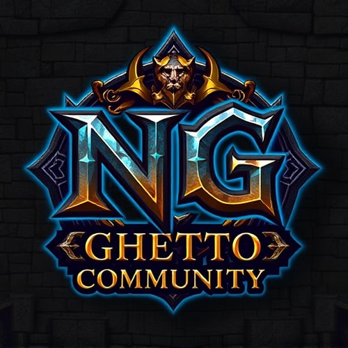AI Design for Create a powerful fantasy-style logo featuring the large letters 'NG' as the main symbol, with the words 'Ghetto Community' written below. Design it for a World of Warcraft Alliance guild, blending noble Alliance aesthetics with gritty urban street style. Use a bold, medieval Gothic or graffiti-inspired font. Incorporate Alliance elements like a lion emblem, glowing blue runes, royal banners, or gold trimming. The background should have a stone or brick texture, with blue and gold lighting accents. The logo should feel heroic, powerful, and slightly rebellious — a fusion of royal fantasy and ghetto street energy. 'NG' should stand out as a bold, iconic emblem.