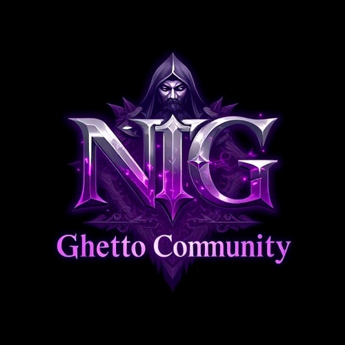 AI Design for Create a fantasy-style logo inspired by World of Warcraft with a shaman. The main text should be "NG", large and dominant, in a medieval or fantasy-style font. Below it, in a smaller but still readable font, add the text "Ghetto Community". Use a color scheme of purple and white, with mystical, glowing, or enchanted elements. The design should have a high-fantasy feel, with textures like stone, magic runes, or enchanted metal. Background can be dark or mystical to enhance the fantasy look.