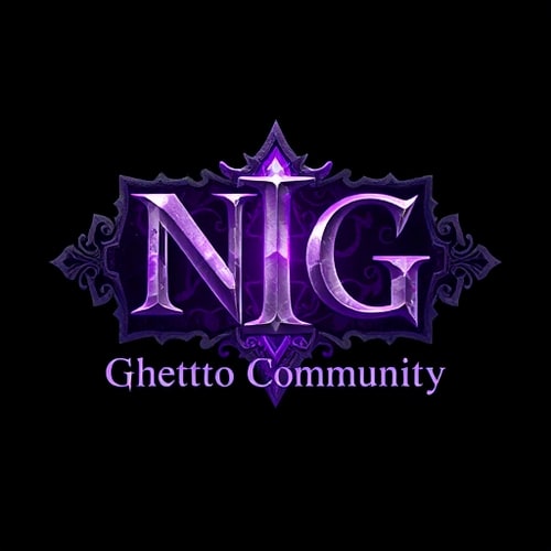 AI Design for Create a fantasy-style logo inspired by World of Warcraft. The main text should be "NG", large and dominant, in a medieval or fantasy-style font. Below it, in a smaller but still readable font, add the text "Ghetto Community". Use a color scheme of purple and white, with mystical, glowing, or enchanted elements. The design should have a high-fantasy feel, with textures like stone, magic runes, or enchanted metal. Background can be dark or mystical to enhance the fantasy look.