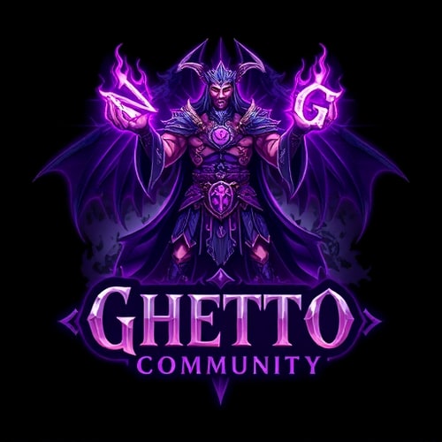 AI Design for Create a fantasy-style logo inspired by World of Warcraft. The central character should be a powerful shaman, standing or floating, holding the glowing letters "N" and "G" in each hand, as if channeling magical energy. The shaman should wear detailed, tribal or elemental armor, with glowing runes and totems. Use a purple and white color scheme for the magic and highlights. Below the character, add the text "Ghetto Community" in a fantasy font. In the background, include a mystical dragon in the shadows or clouds, adding a sense of epic fantasy. The entire composition should feel magical, dark, and inspired by World of Warcraft aesthetics.