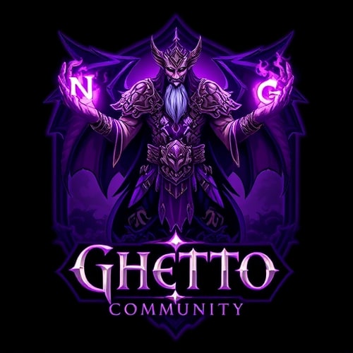AI Design for Create a fantasy-style logo inspired by World of Warcraft. The central character should be a powerful shaman, standing or floating, holding the glowing letters "N" and "G" in each hand, as if channeling magical energy. The shaman should wear detailed, tribal or elemental armor, with glowing runes and totems. Use a purple and white color scheme for the magic and highlights. Below the character, add the text "Ghetto Community" in a fantasy font. In the background, include a mystical dragon in the shadows or clouds, adding a sense of epic fantasy. The entire composition should feel magical, dark, and inspired by World of Warcraft aesthetics.