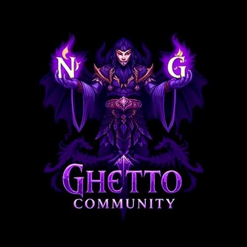 AI Design for Create a fantasy-style logo inspired by World of Warcraft. The central character should be a powerful shaman, standing or floating, holding the glowing letters "N" and "G" in each hand, as if channeling magical energy. The shaman should wear detailed, tribal or elemental armor, with glowing runes and totems. Use a purple and white color scheme for the magic and highlights. Below the character, add the text "Ghetto Community" in a fantasy font. In the background, include a mystical dragon in the shadows or clouds, adding a sense of epic fantasy. The entire composition should feel magical, dark, and inspired by World of Warcraft aesthetics.