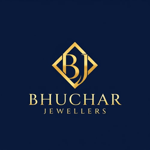 AI Design for Minimalist emblem for a luxurious gold jewelry shop named "Bhuchar Jewellers (BJ)": Abstract interlocking 'B' and 'J' forming a subtle diamond shape, symbolizing luxury and craftsmanship, Gold, deep navy blue, and white, Elegant serif font with a slight flourish, inspired by Art Deco, Clean lines and precise geometric shapes, subtle metallic sheen, solid dark navy blue background.