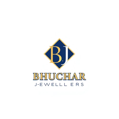 AI Design for Minimalist emblem for a luxurious gold jewelry shop named "Bhuchar Jewellers (BJ)": Abstract interlocking 'B' and 'J' forming a subtle diamond shape, symbolizing luxury and craftsmanship, Gold, deep navy blue, and white, Elegant serif font with a slight flourish, inspired by Art Deco, Clean lines and precise geometric shapes, subtle metallic sheen, solid dark navy blue background.