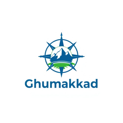AI Design for Minimalist for a tour tourism company named "Ghumakkad": A stylized compass rose integrated with a mountain silhouette, representing exploration and scenic destinations, Blue and green, evoking nature and tranquility, Clean and modern sans-serif font, modern, Clean lines and subtle gradients, vector illustration, White background