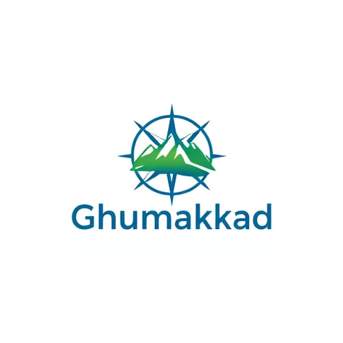 AI Design for Minimalist for a tour tourism company named "Ghumakkad": A stylized compass rose integrated with a mountain silhouette, representing exploration and scenic destinations, Blue and green, evoking nature and tranquility, Clean and modern sans-serif font, modern, Clean lines and subtle gradients, vector illustration, White background