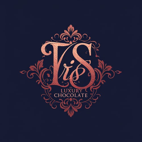 AI Design for Letterform for a luxury chocolate brand named "Iris": Intertwined "R" and "S" creating an elegant monogram, Rose gold and deep navy, Sophisticated serif font for "Iris" and a delicate script for the monogram. Art Nouveau influence and romantic, flowing lines, Subtle embossed texture and intricate floral accents, Solid dark background.