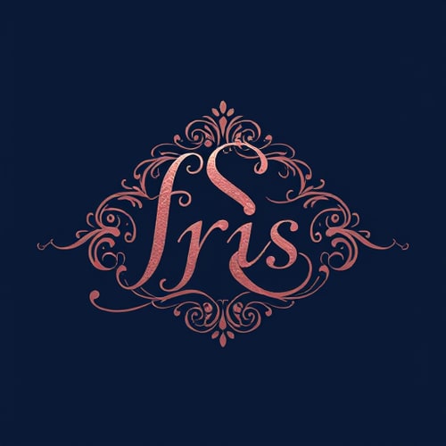 AI Design for Letterform for a luxury chocolate brand named "Iris": Intertwined "R" and "S" creating an elegant monogram, Rose gold and deep navy, Sophisticated serif font for "Iris" and a delicate script for the monogram. Art Nouveau influence and romantic, flowing lines, Subtle embossed texture and intricate floral accents, Solid dark background.