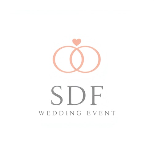 AI Design for Minimalist emblem for a wedding event planner named "SDF WEDDING EVENT": Intertwined wedding rings forming an elegant "S" and "D" within a subtle heart shape. Soft blush pink, rose gold, and a muted grey. A modern, clean sans-serif font for "SDF" and a more romantic, flowing script for "WEDDING EVENT". Elegant and sophisticated, with a touch of romance. Clean lines, smooth gradients, and a refined aesthetic. White background.