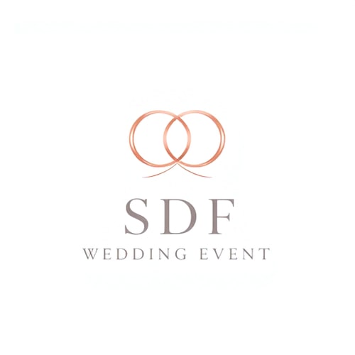 AI Design for Minimalist emblem for a wedding event planner named "SDF WEDDING EVENT": Intertwined wedding rings forming an elegant "S" and "D" within a subtle heart shape. Soft blush pink, rose gold, and a muted grey. A modern, clean sans-serif font for "SDF" and a more romantic, flowing script for "WEDDING EVENT". Elegant and sophisticated, with a touch of romance. Clean lines, smooth gradients, and a refined aesthetic. White background.