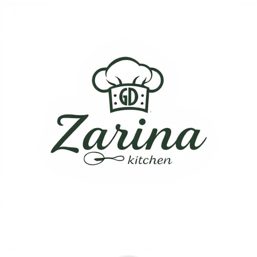 AI Design for Zarina kitchen logo with chef hat and initials in hat and design with spoon and fork in cursive 