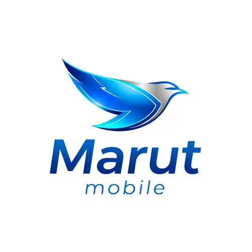 AI Design for Pictorial for a mobile phone and technology company named "Marut mobile": Abstract bird in flight symbolizing speed and connectivity, vibrant gradient of electric blue and silver, modern sans-serif font with slight digital flair. Design inspired by aerodynamic forms and digital circuits, sleek metallic finish with subtle glowing accents, clean white background.