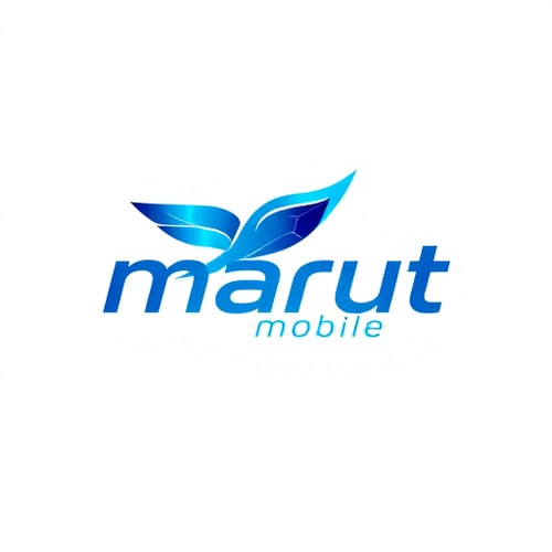 AI Design for Pictorial for a mobile phone and technology company named "Marut mobile": Abstract bird in flight symbolizing speed and connectivity, vibrant gradient of electric blue and silver, modern sans-serif font with slight digital flair. Design inspired by aerodynamic forms and digital circuits, sleek metallic finish with subtle glowing accents, clean white background.