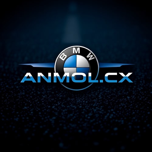 AI Design for Emblem for a luxury automotive brand named ANMOL.CX: A subtle, sleek BMW headlight integrated behind the text, with illuminated BMW ring accents, Dark chrome and deep sapphire blue, Modern sans-serif font with sharp edges. Design inspiration from automotive engineering and futuristic aesthetics, a high-contrast, photorealistic rendering, with a dark, blurred asphalt background.