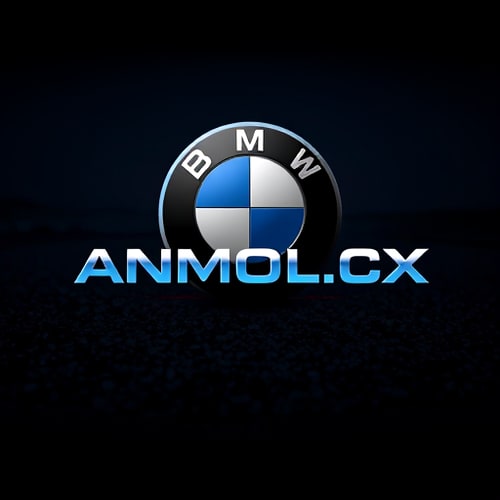 AI Design for Emblem for a luxury automotive brand named ANMOL.CX: A subtle, sleek BMW headlight integrated behind the text, with illuminated BMW ring accents, Dark chrome and deep sapphire blue, Modern sans-serif font with sharp edges. Design inspiration from automotive engineering and futuristic aesthetics, a high-contrast, photorealistic rendering, with a dark, blurred asphalt background.