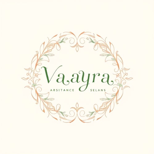 AI Design for Emblem for a handcrafted jewelry and art boutique named "Vaayra": An elegant circular emblem featuring intertwined delicate floral vines and subtle celestial elements, symbolizing growth and cosmic beauty. Color palette of muted rose gold, deep emerald green, and cream. Typography is a refined serif font for "Vaayra" and a delicate script for the slogan. Design inspired by Art Nouveau and botanical illustrations, with a focus on intricate line work and flowing forms. Visual execution details include subtle watercolor textures within the linework. A soft, diffused gradient background.