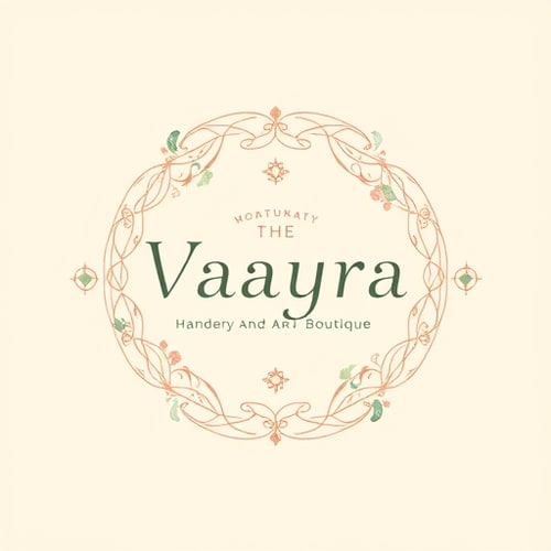 AI Design for Emblem for a handcrafted jewelry and art boutique named "Vaayra": An elegant circular emblem featuring intertwined delicate floral vines and subtle celestial elements, symbolizing growth and cosmic beauty. Color palette of muted rose gold, deep emerald green, and cream. Typography is a refined serif font for "Vaayra" and a delicate script for the slogan. Design inspired by Art Nouveau and botanical illustrations, with a focus on intricate line work and flowing forms. Visual execution details include subtle watercolor textures within the linework. A soft, diffused gradient background. Best fonts and themes. some other shapes