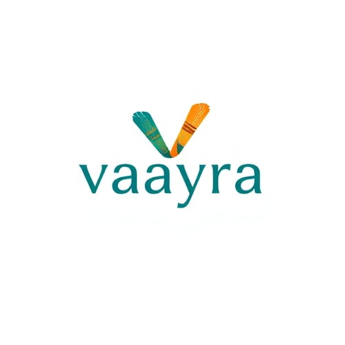 AI Design for Letterform logo for an art and craft item selling app named "VAAYRA": A stylized 'V' that subtly incorporates a paintbrush stroke or a thread, Letterforms subtly woven together to suggest creativity and connection, a vibrant yet sophisticated palette of warm ochre, deep teal, and a touch of metallic gold, clean and modern sans-serif typography with a slight artistic flourish. Design inspired by organic forms and handmade textures, with a focus on conveying both craftsmanship and digital accessibility, visual execution with clean lines and a sense of depth, and a transparent background.
