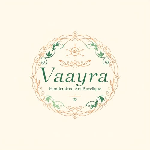 AI Design for Emblem for a handcrafted jewelry and art boutique named "Vaayra": An elegant circular emblem featuring intertwined delicate floral vines and subtle celestial elements, symbolizing growth and cosmic beauty, An elegant circular emblem with integrated subtle handcrafted elements like stylized paintbrushes or delicate ink strokes, signifying the artistic nature of the boutique, muted rose gold, deep emerald green, and cream, Refined serif font for "Vaayra" and a delicate script for the slogan. Design inspired by Art Nouveau and botanical illustrations, with a focus on intricate line work and flowing forms, subtle watercolor textures within the linework, A soft, diffused gradient background.
