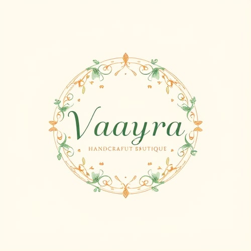 AI Design for Emblem for a handcrafted jewelry and art boutique named "Vaayra": An elegant circular emblem featuring intertwined delicate floral vines and subtle celestial elements, symbolizing growth and cosmic beauty, An elegant circular emblem with integrated subtle handcrafted elements like stylized paintbrushes or delicate ink strokes, signifying the artistic nature of the boutique, muted rose gold, deep emerald green, and cream, Refined serif font for "Vaayra" and a delicate script for the slogan. Design inspired by Art Nouveau and botanical illustrations, with a focus on intricate line work and flowing forms, subtle watercolor textures within the linework, A soft, diffused gradient background.