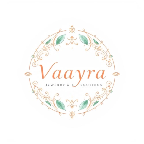 AI Design for Emblem for a handcrafted jewelry and art boutique named "Vaayra": An elegant circular emblem featuring intertwined delicate floral vines and subtle celestial elements, symbolizing growth and cosmic beauty. Color palette of muted rose gold, deep emerald green, and cream. Typography is a refined serif font for "Vaayra" and a delicate script for the slogan. Design inspired by Art Nouveau and botanical illustrations, with a focus on intricate line work and flowing forms. Visual execution details include subtle watercolor textures within the linework. A soft, diffused gradient background. Best fonts and themes