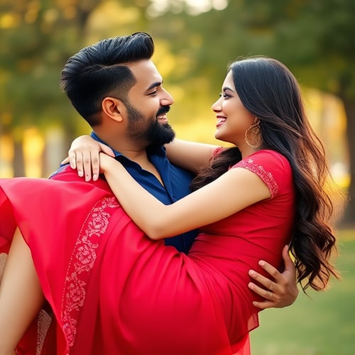 AI Design for Generate a hyper-realistic photograph of a couple. A handsome South Asian man with tan skin, black hair, and a light beard is carrying a beautiful woman with fair skin and long black hair in his arms in a classic 'bridal style' pose. They are both looking directly at each other with joyful, loving expressions. The man is wearing a blue shirt, and the woman is wearing an elegant red dress. Soft golden-hour lighting in a park setting with natural background bokeh. The image must look like a professional DSLR photograph with sharp focus, realistic skin textures, and cinematic depth of field. Avoid any AI artifacts, distortions, or unnatural hand features. Important: Keep the same clothing from the original reference images for both people.