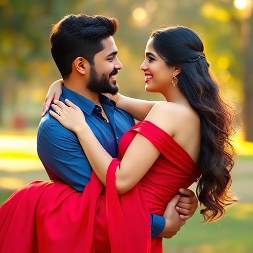AI Design for Generate a hyper-realistic photograph of a couple. A handsome South Asian man with tan skin, black hair, and a light beard is carrying a beautiful woman with fair skin and long black hair in his arms in a classic 'bridal style' pose. They are both looking directly at each other with joyful, loving expressions. The man is wearing a blue shirt, and the woman is wearing an elegant red dress. Soft golden-hour lighting in a park setting with natural background bokeh. The image must look like a professional DSLR photograph with sharp focus, realistic skin textures, and cinematic depth of field. Avoid any AI artifacts, distortions, or unnatural hand features. Important: Keep the same clothing from the original reference images for both people.