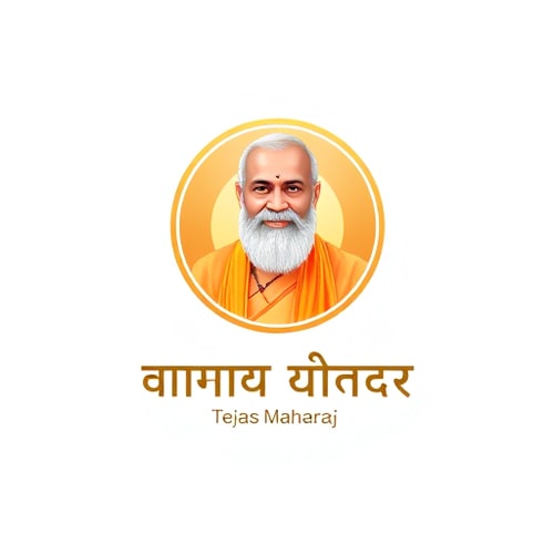 AI Design for Create a clean spiritual logo design of "युवा किर्तनकार. ह. भ. प तेजस महाराज गोळे."Use a circular frame with a soft golden border. Inside the circle place the uploaded photo of Tejas Maharaj (keep it clear and sharp). Below the circle, write the Marathi text: "युवा किर्तनकार. ह. भ. प तेजस महाराज गोळे." in elegant Devanagari font. Background should be simple, white or light saffron, with a divine spiritual vibe.