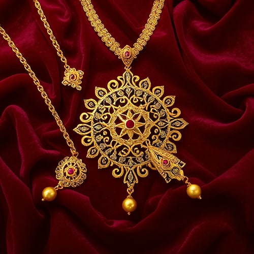 AI Design for A stunning flat-lay of handcrafted gold jewelry with intricate Indian motifs, displayed on a royal velvet background, soft golden lighting, cinematic reflections, ultra-detailed product photography style.