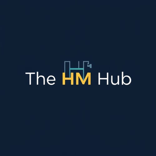 AI Design for Letterform for an online hotel management education platform named "The HM Hub": A stylized "H" forming a central hub with subtle architectural or key elements, set against a dark background. Dark blue, charcoal grey, and a bright accent color like gold or teal for text and key elements. Clean, modern sans-serif typography for "The HM Hub". The design should be minimalist and professional, drawing influence from modern educational platforms and a subtle nod to the hospitality industry. Focus on a clean, geometric design with the "H" as the primary visual element, subtly integrating the hub concept. White or light grey for the text and primary graphic elements, on a deep navy or charcoal background.
