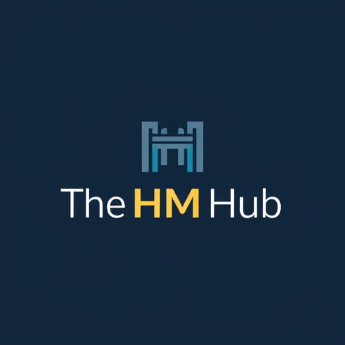 AI Design for Letterform for an online hotel management education platform named "The HM Hub": A stylized "H" forming a central hub with subtle architectural or key elements, set against a dark background. Dark blue, charcoal grey, and a bright accent color like gold or teal for text and key elements. Clean, modern sans-serif typography for "The HM Hub". The design should be minimalist and professional, drawing influence from modern educational platforms and a subtle nod to the hospitality industry. Focus on a clean, geometric design with the "H" as the primary visual element, subtly integrating the hub concept. White or light grey for the text and primary graphic elements, on a deep navy or charcoal background.