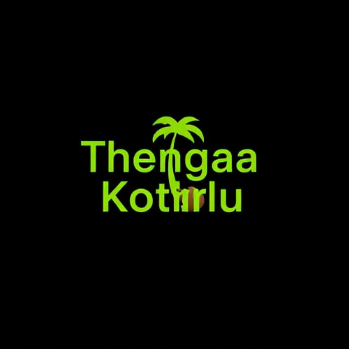 AI Design for Desing a logo using the text Thengaa Kothhu.The background should be in black and the text should be lime.Add a coconut tree at the end of the text