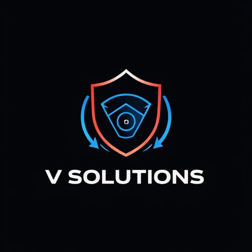 AI Design for 📛 Name Suggestion V SOLUTIONS ________________________________________ 🎨 Theme & Style • Theme: YOUR SAFETY IS OUR PRIORITY • Style: Modern, minimal, professional, tech-inspired ________________________________________ 🌈 Colors • Blue → Trust, safety, technology • Black/Grey → Strength, professionalism • Red (accent) → Alertness, warning, protection ________________________________________ ✨ Vibe & Inspiration • A shield + CCTV camera icon merged together (symbol of protection) • Clean typography with bold, futuristic fonts • Circular shape to symbolize 360° surveillance • Simple but powerful look (works on both digital and print) ________________________________________ 👉 PLEASE design and show logo image for this concept 