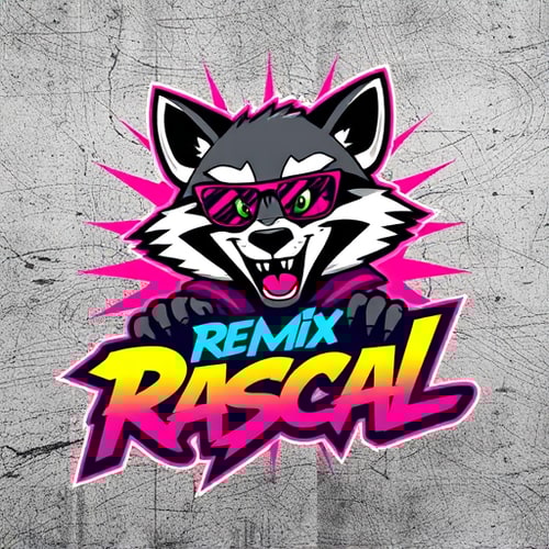 AI Design for Character for a mischievous animated raccoon mascot named "Remix Rascal": A dynamic, urban street art style, vibrant neon and graffiti colors, bold, graffiti-inspired lettering. Design with influences from 90s hip-hop culture and anime, with a focus on expressive character design and energetic lines, on a distressed concrete background.