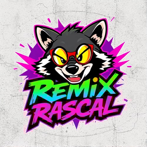 AI Design for Character for a mischievous animated raccoon mascot named "Remix Rascal": A dynamic, urban street art style, vibrant neon and graffiti colors, bold, graffiti-inspired lettering. Design with influences from 90s hip-hop culture and anime, with a focus on expressive character design and energetic lines, on a distressed concrete background.