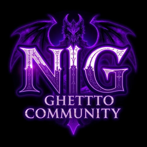 AI Design for Letterform Logo for a fantasy community named "NG Ghetto Community": "NG" dominant in a medieval fantasy font, "Ghetto Community" smaller in a readable fantasy font. Purple and white color scheme with glowing, enchanted effects. A powerful, mystical dragon in the background. Inspired by World of Warcraft, dark-fantasy style with high detail, glowing runes, magical aura, and enchanted textures. Dark, mystical background.