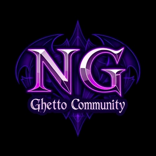 AI Design for Create a fantasy-style logo inspired by World of Warcraft. The main text should be "NG", large and dominant, in a medieval or fantasy-style font. Below it, in a smaller but readable fantasy font, add the text "Ghetto Community". Use a purple and white color scheme, with glowing or enchanted effects. In the background, designed in a mystical or epic fantasy style — similar to the dragons in World of Warcraft. The overall design should feel magical, dark-fantasy, and high-detail, with elements like glowing runes, magical aura, or enchanted textures. Dark or mystical background preferred to enhance contrast.